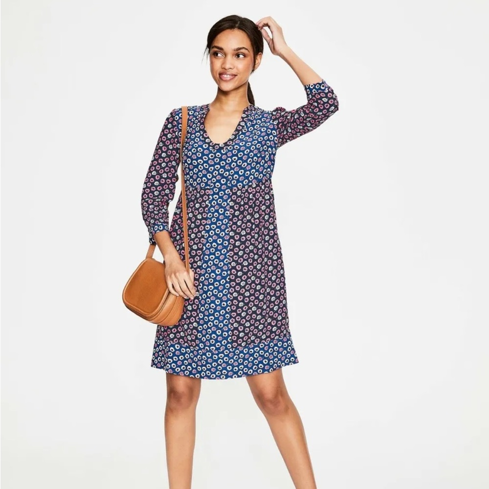 Boden Navy and Pink Floral Print V-Neck Dress